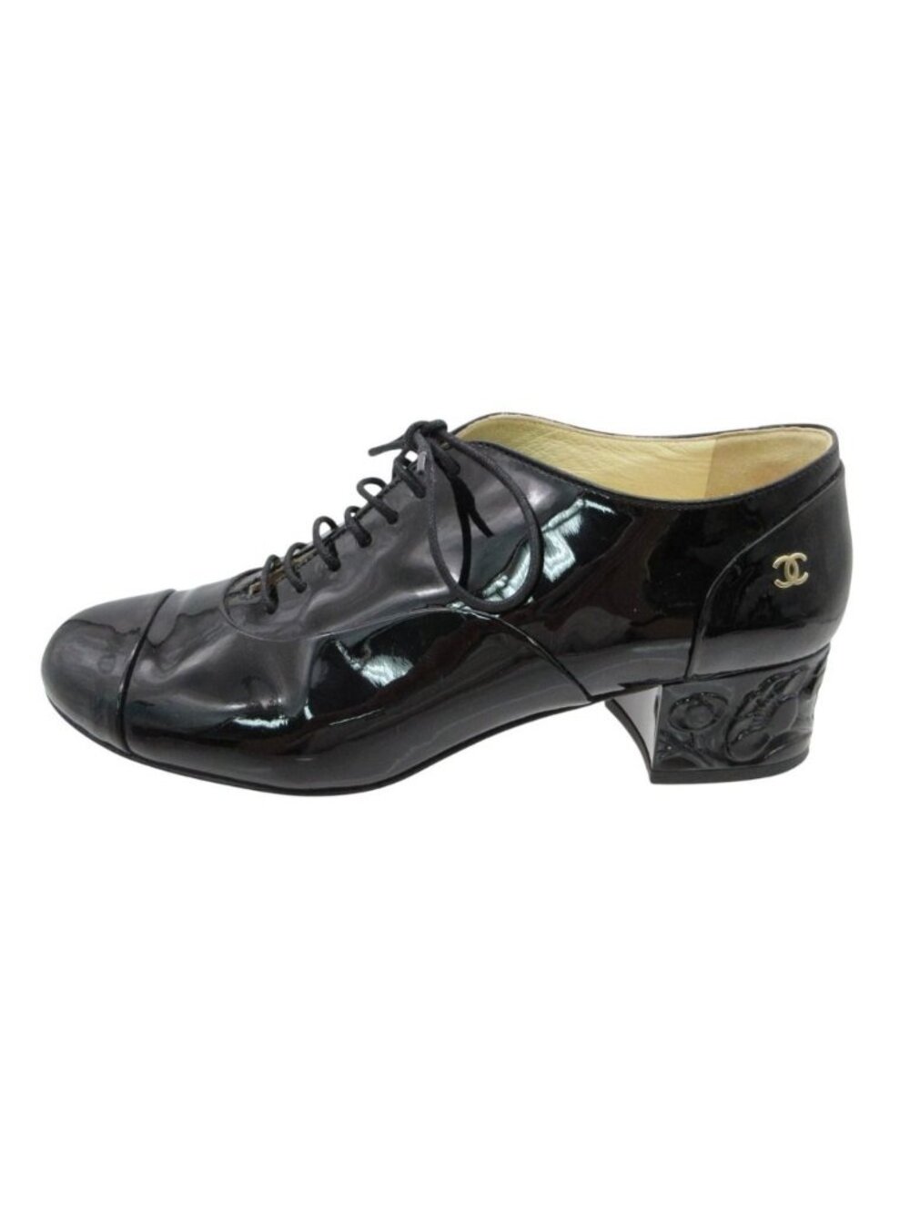 Chanel Loafers Patent Leather Shoes Heels Camellia Design Logo Black 36c